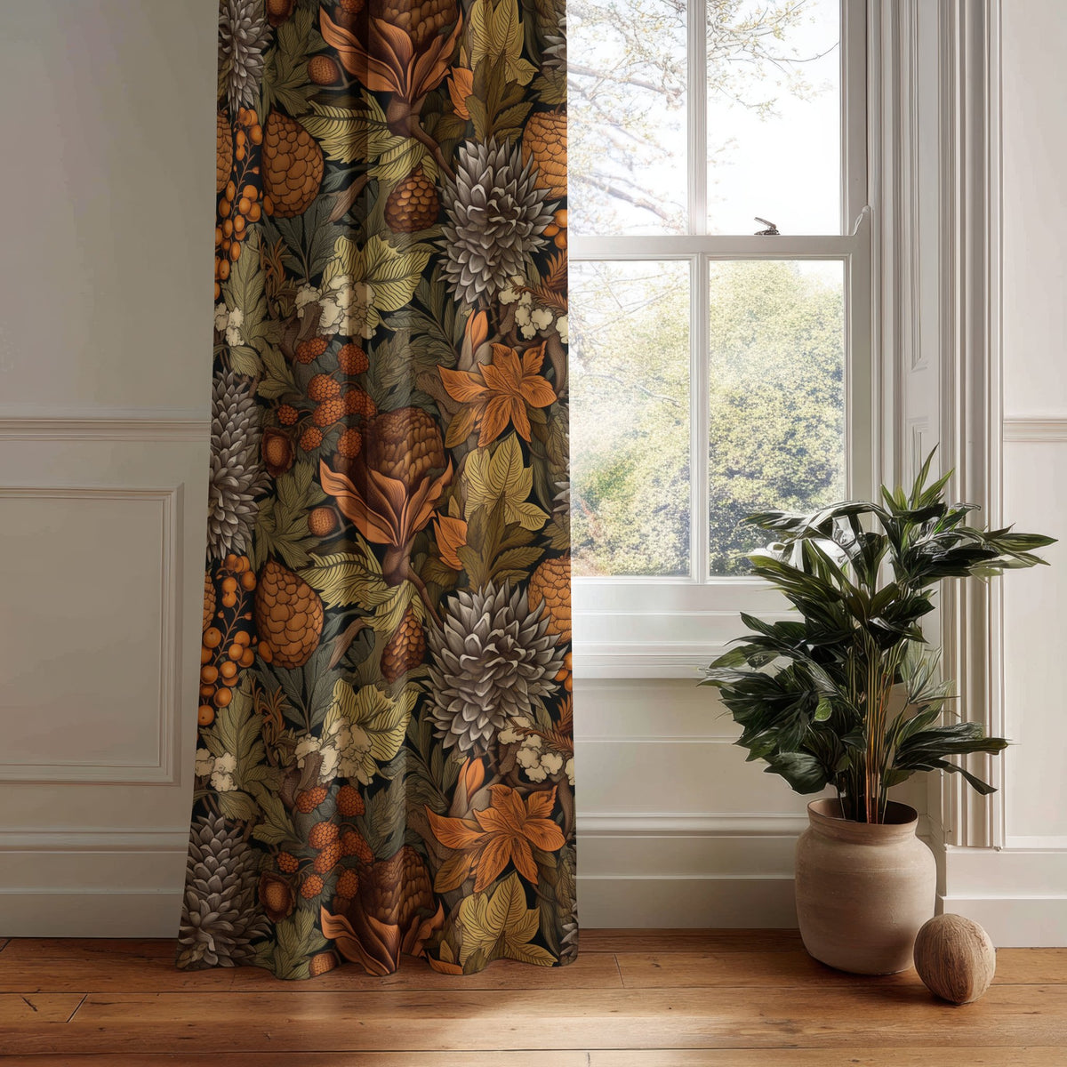 Autumn leaves floral curtain panel hanging by a white window