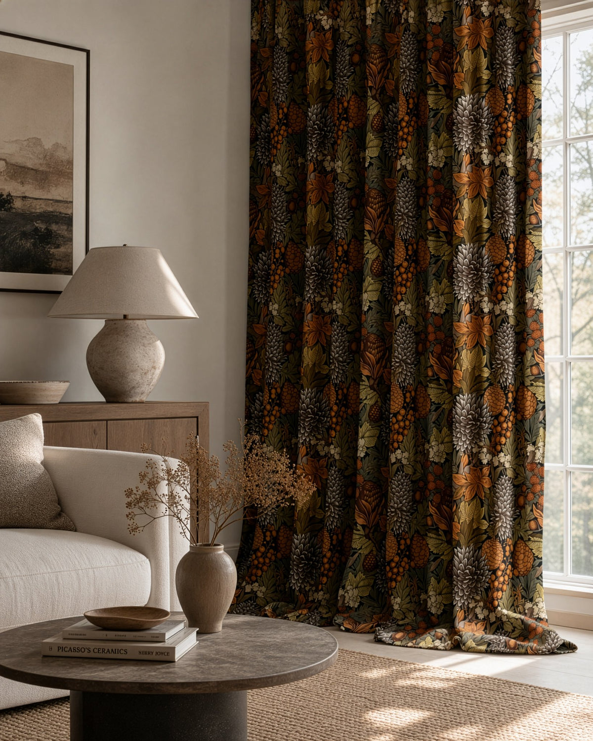 Autumn leaves floral curtains in a living room