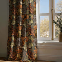 Full-length autumn leaves floral curtain draping to a wooden floor