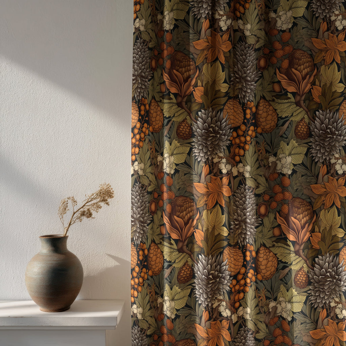 Soft daylight through a autumn leaves floral curtain