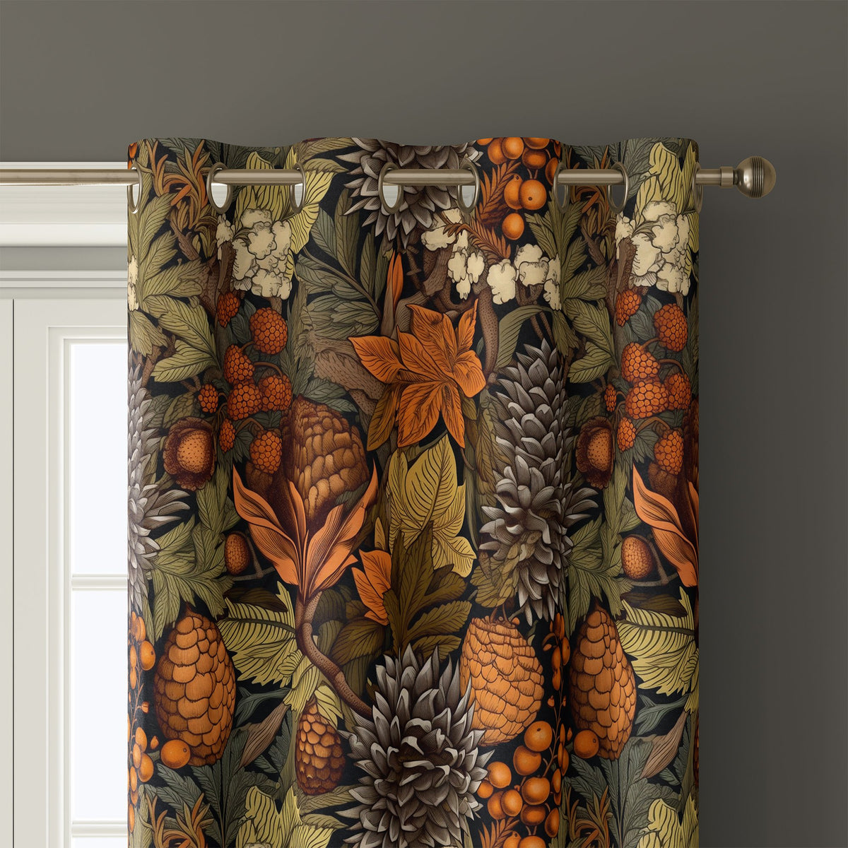 Close-up of autumn leaves floral curtain grommets on a black rod