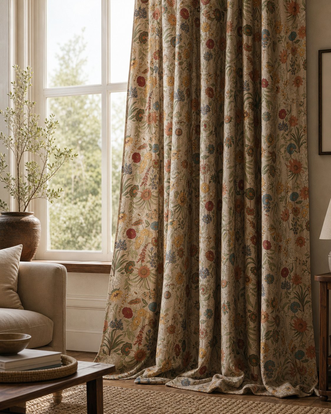 Autumn wildflower curtains in a living room