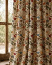 Pair of autumn wildflower curtains at an arched window