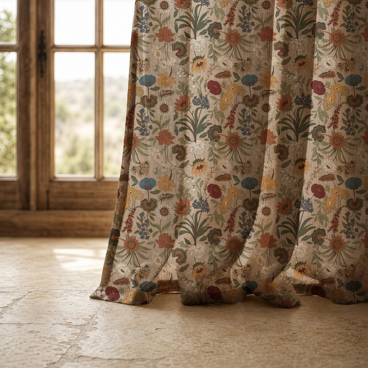 Hem of a autumn wildflower curtain resting on a stone floor