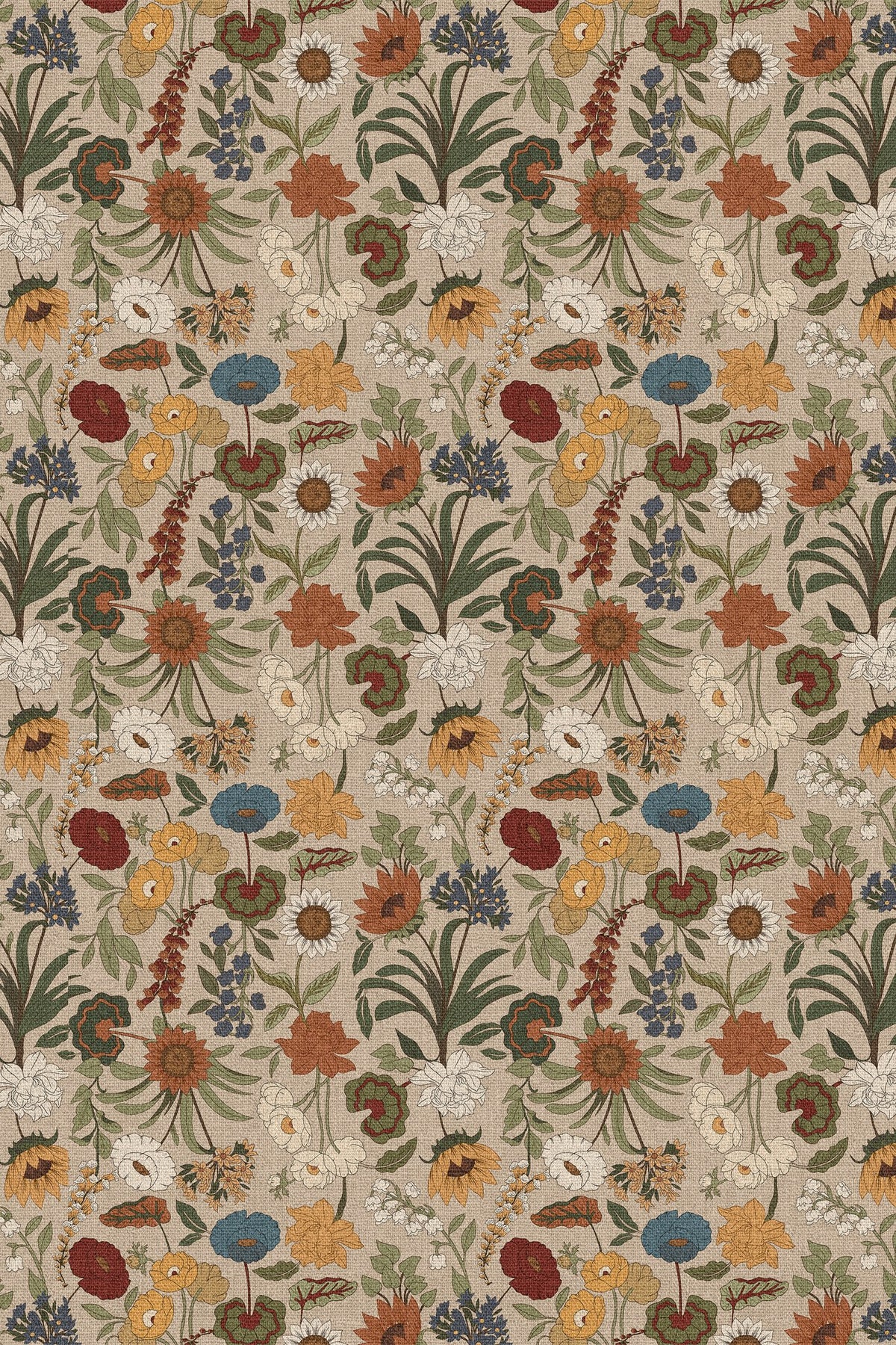 Close-up of the autumn wildflower pattern repeat
