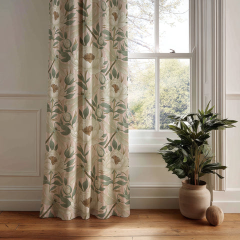Beige leafy vine botanical curtain panel hanging by a white window