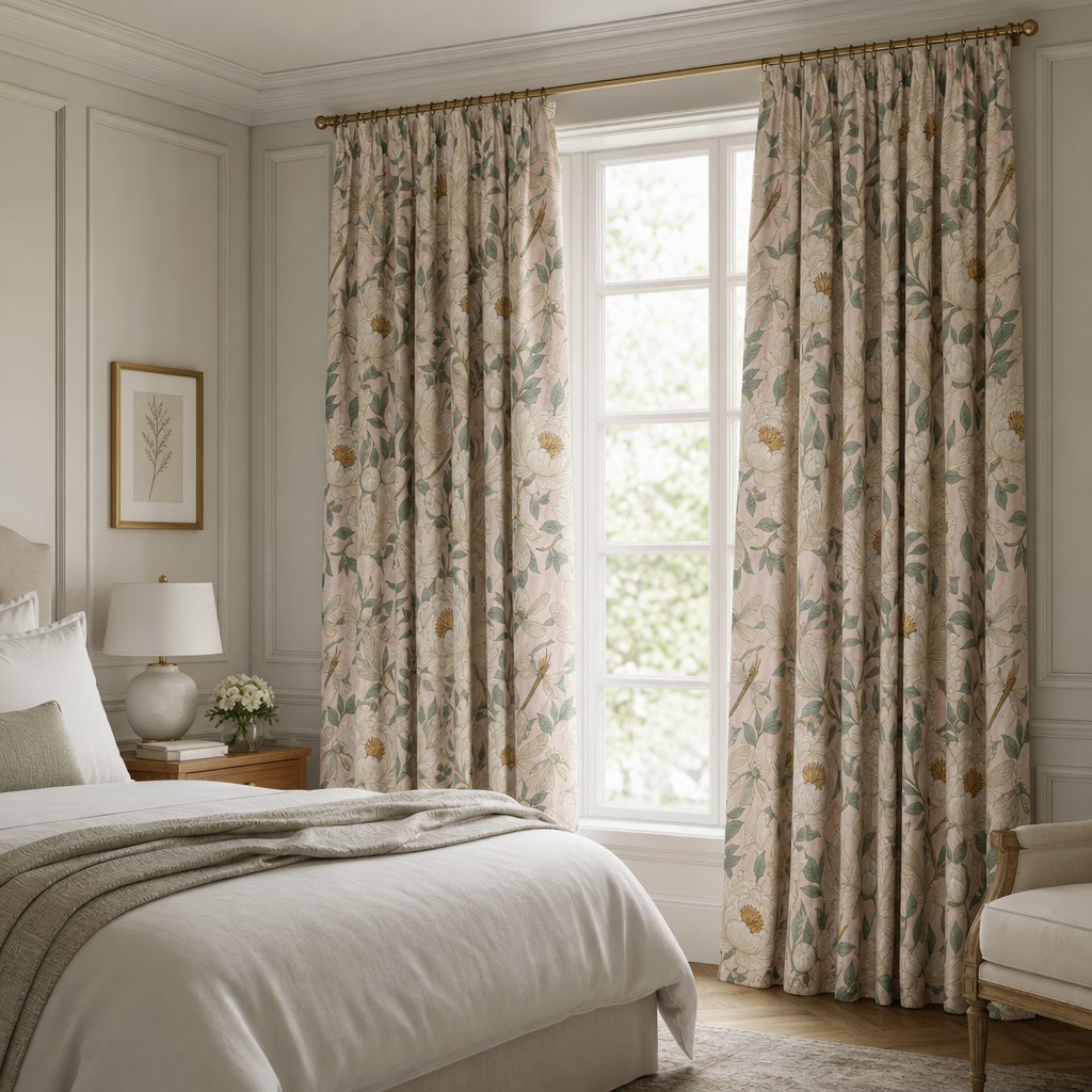 Beige leafy vine botanical curtains in a bedroom