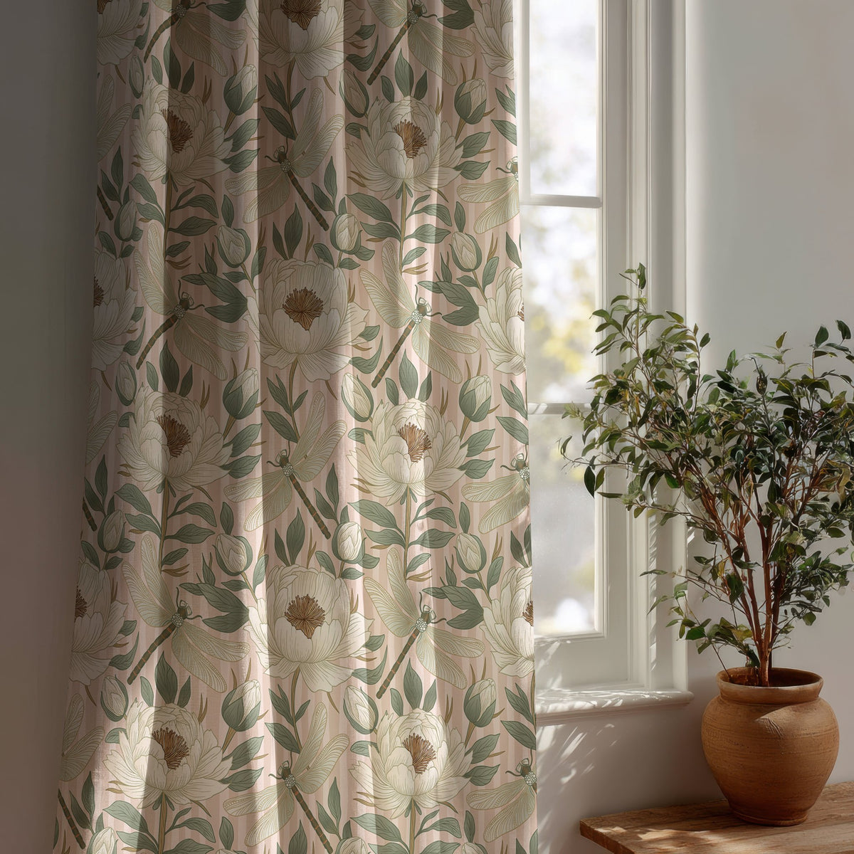 Beige leafy vine botanical curtain beside a potted olive tree