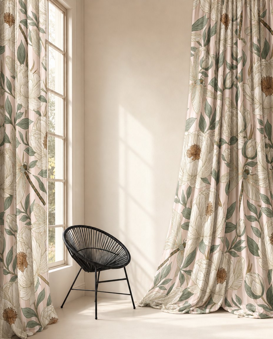 Woman standing between two beige leafy vine botanical curtain panels