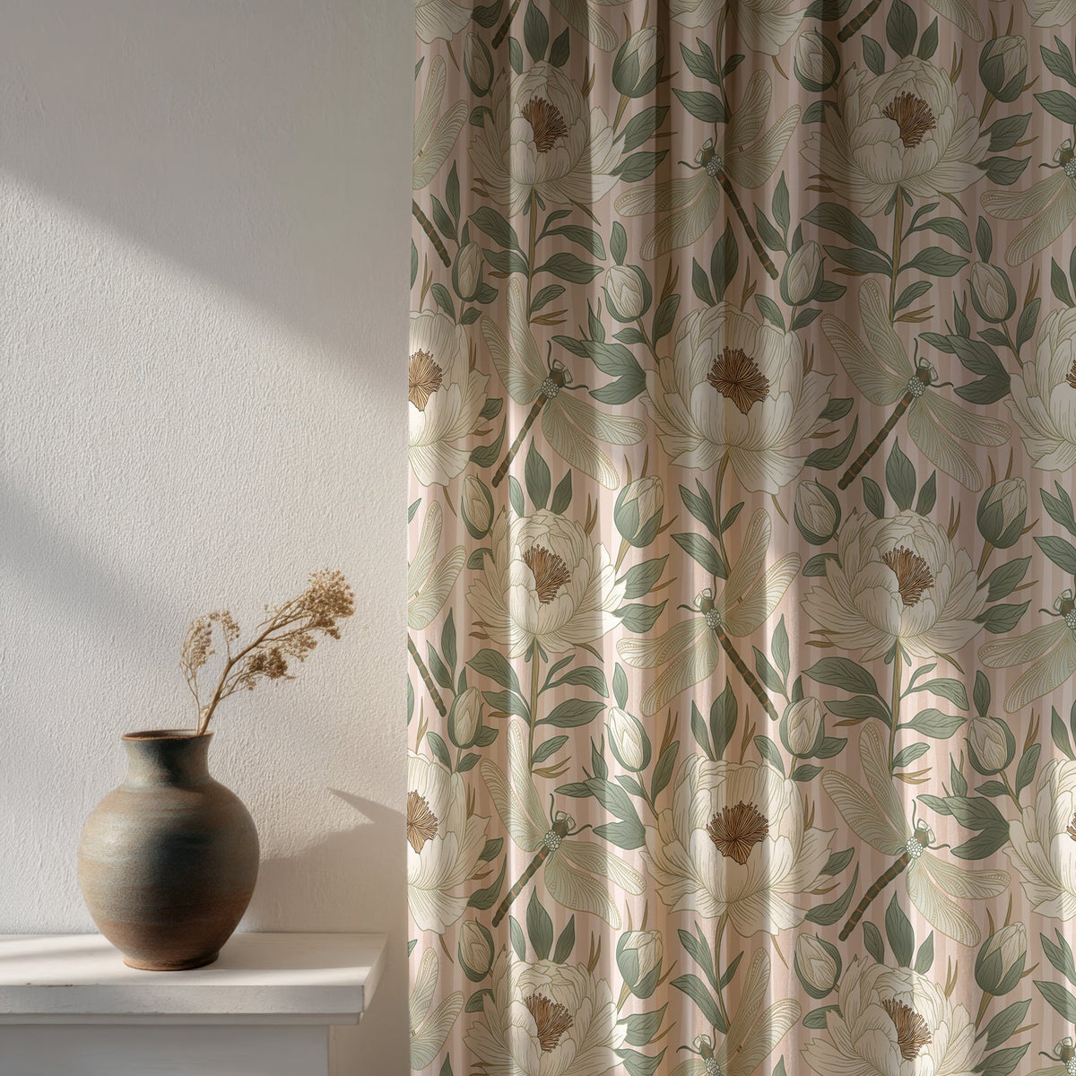 Soft daylight through a beige leafy vine botanical curtain