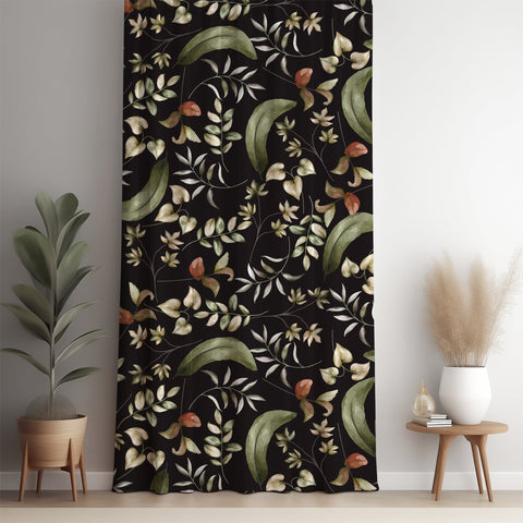 Black botanical floral curtain panel against a white wall