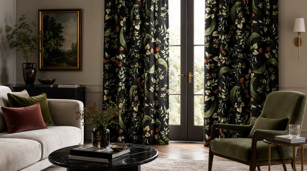 Black botanical floral curtains in a living room