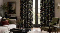 Black botanical floral curtains in a living room
