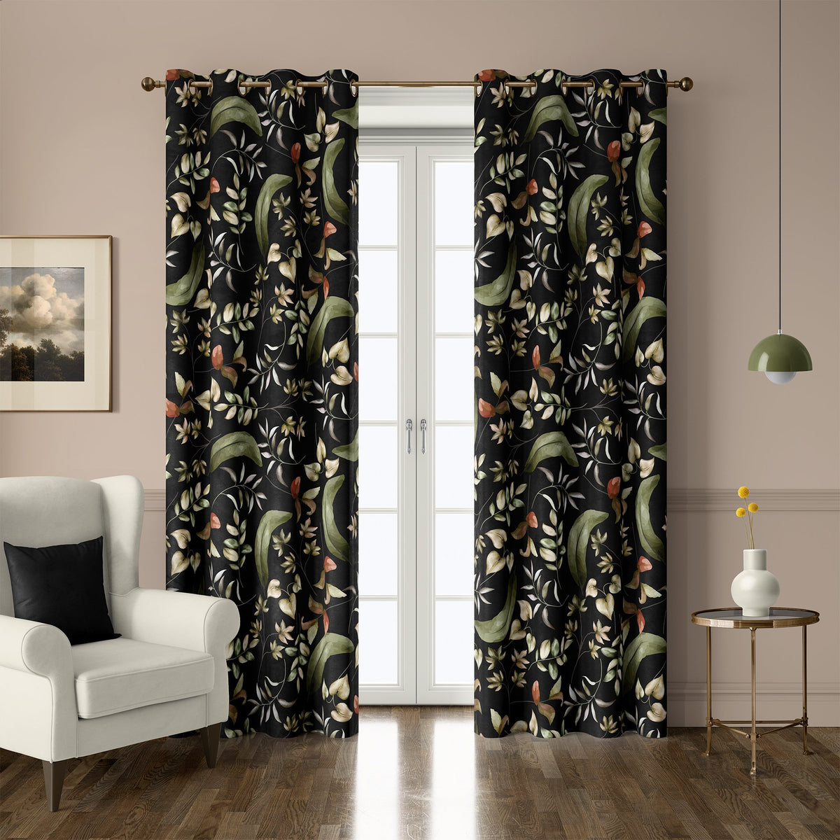 Pair of black botanical floral grommet curtains at French doors