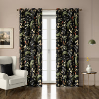 Pair of black botanical floral grommet curtains at French doors