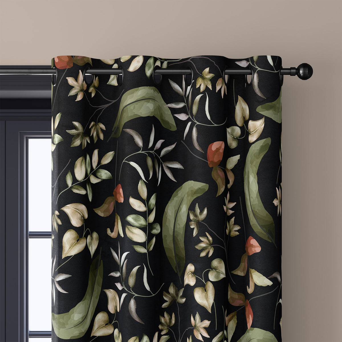 Close-up of black botanical floral curtain grommets on a black rod