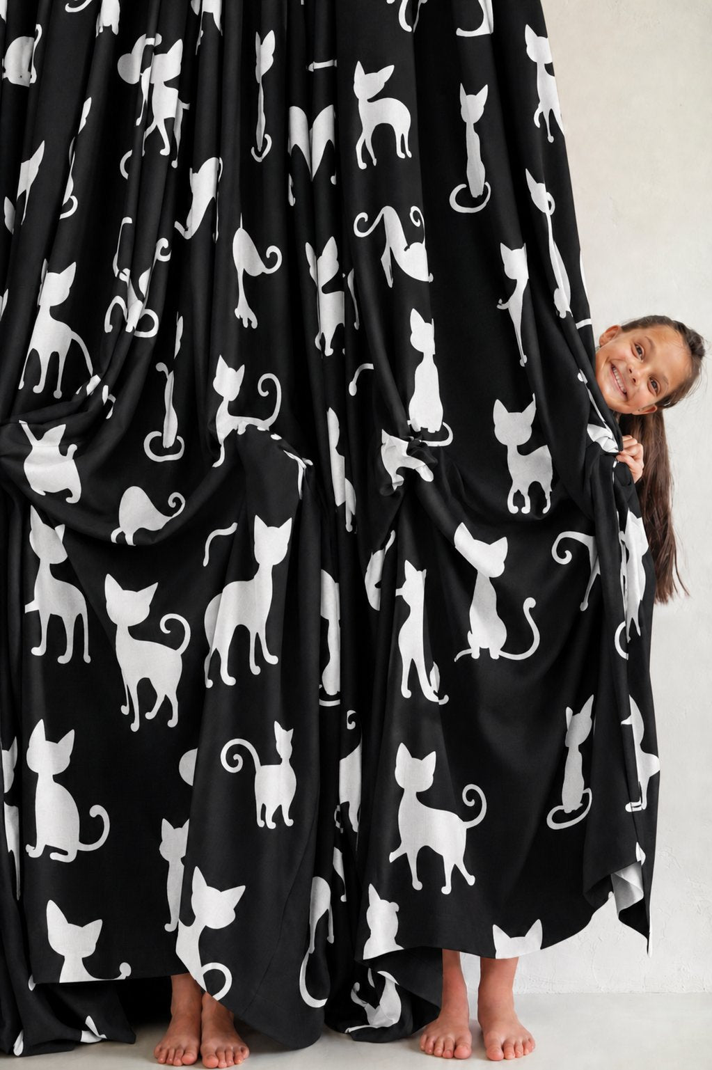 Black cat silhouette kids curtains in a child's bedroom