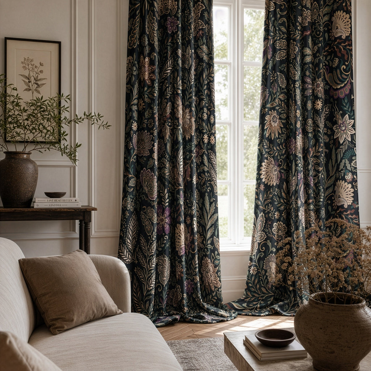 Black moody floral curtains in a living room