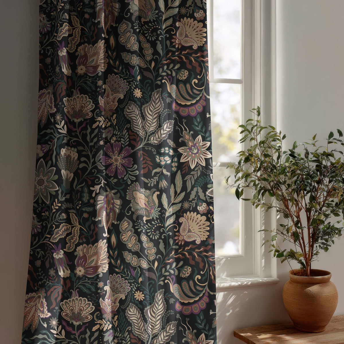 Black moody floral curtain beside a potted olive tree