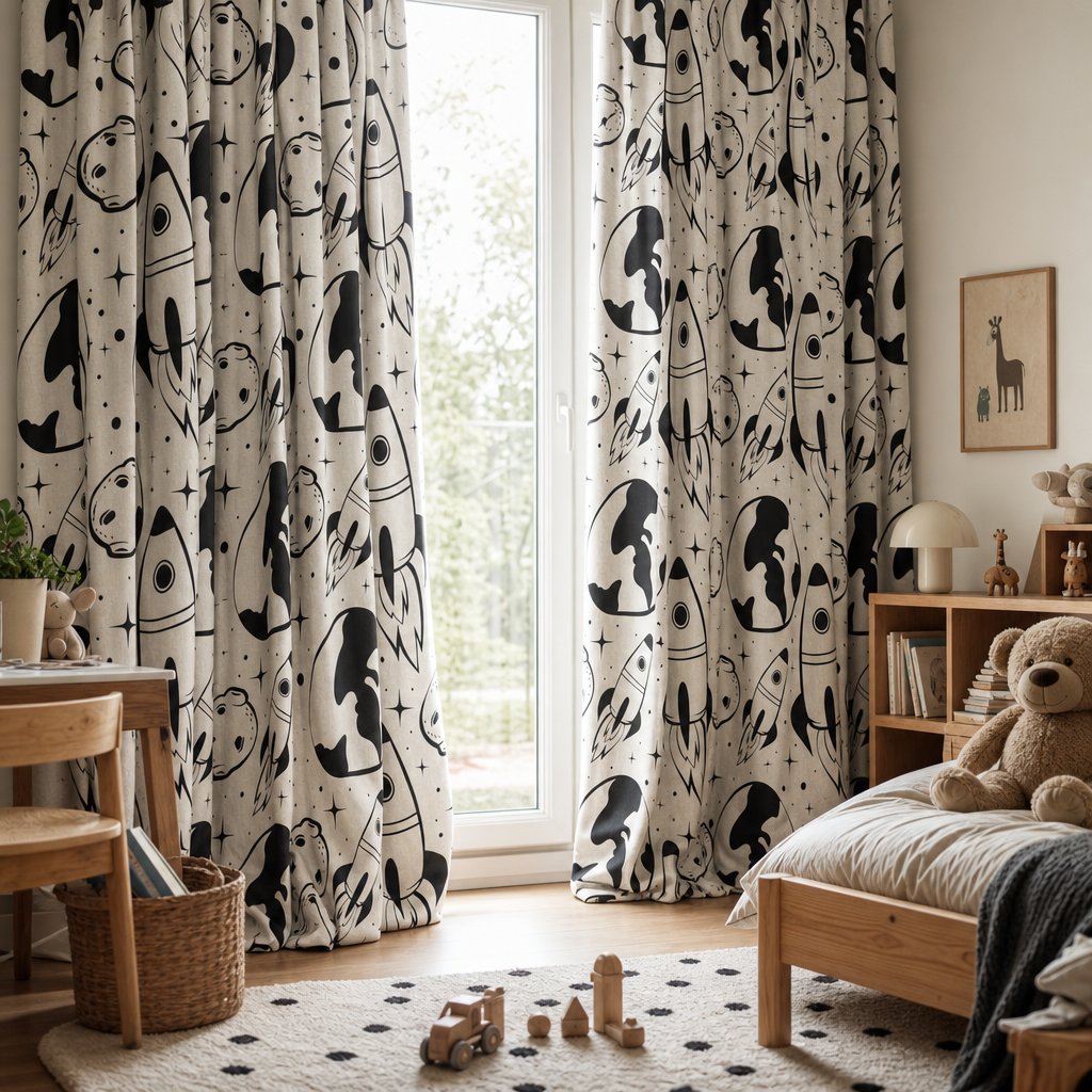 Black and white space rocket kids curtains in a child's bedroom