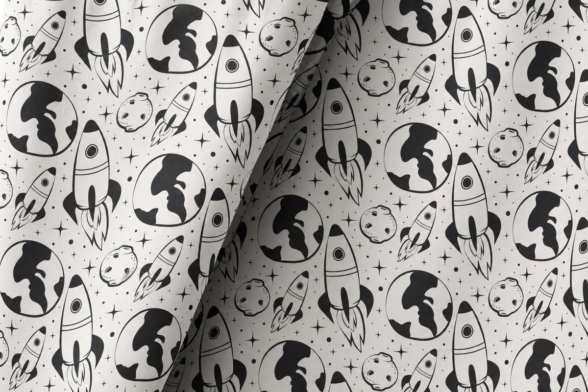 Black and white space rocket kids curtains styled with neutral decor