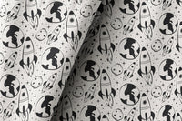 Black and white space rocket kids curtains styled with neutral decor