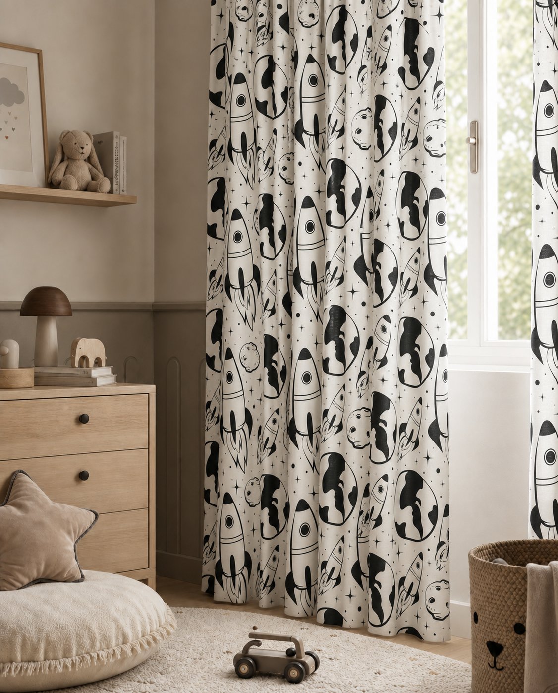 Black and white space rocket kids curtains framing a tall window