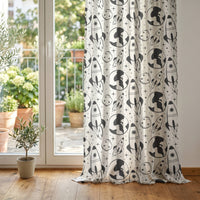 Black and white space rocket kids curtain at glass patio doors