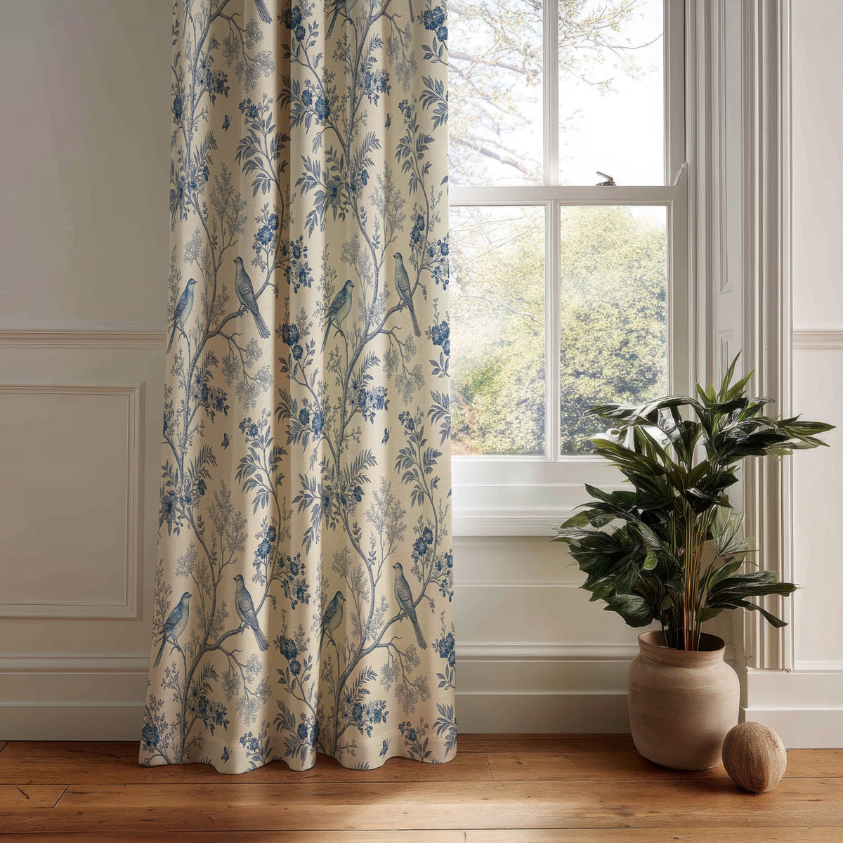 Blue bird chinoiserie curtain panel hanging by a white window
