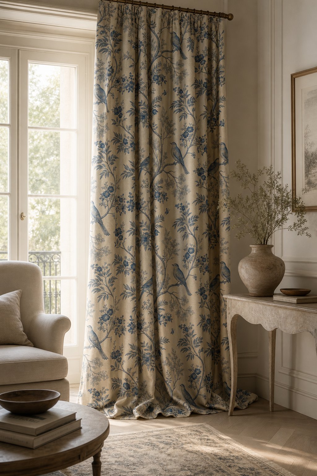Blue bird chinoiserie curtains in a living room