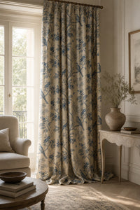 Blue bird chinoiserie curtains in a living room