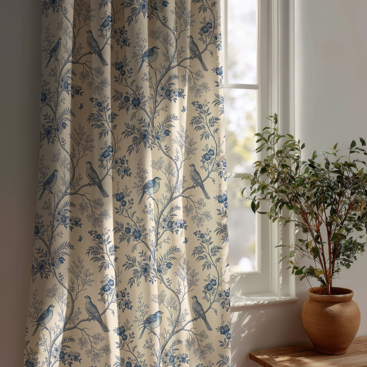 Blue bird chinoiserie curtain beside a potted olive tree