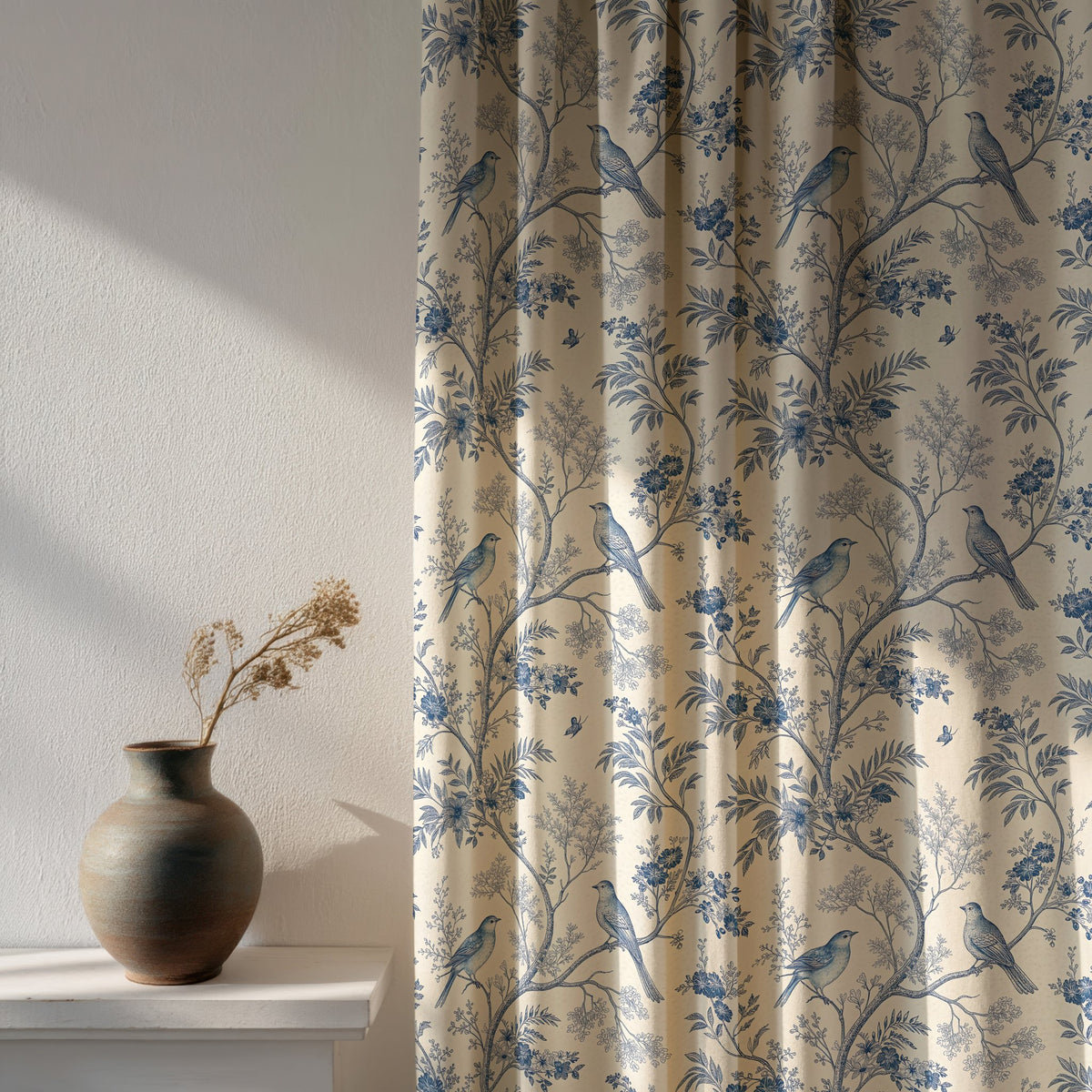 Soft daylight through a blue bird chinoiserie curtain