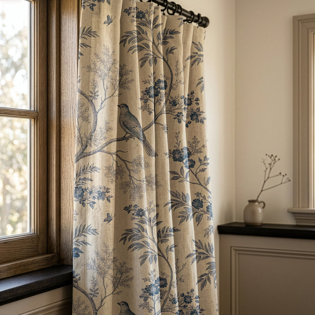 Blue bird toile curtains in a warm living room