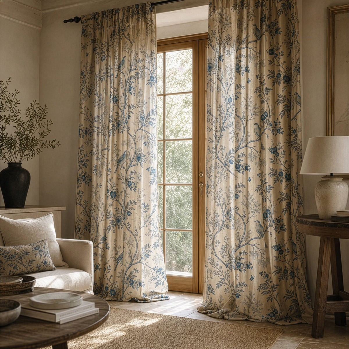 Blue bird toile curtains in a living room