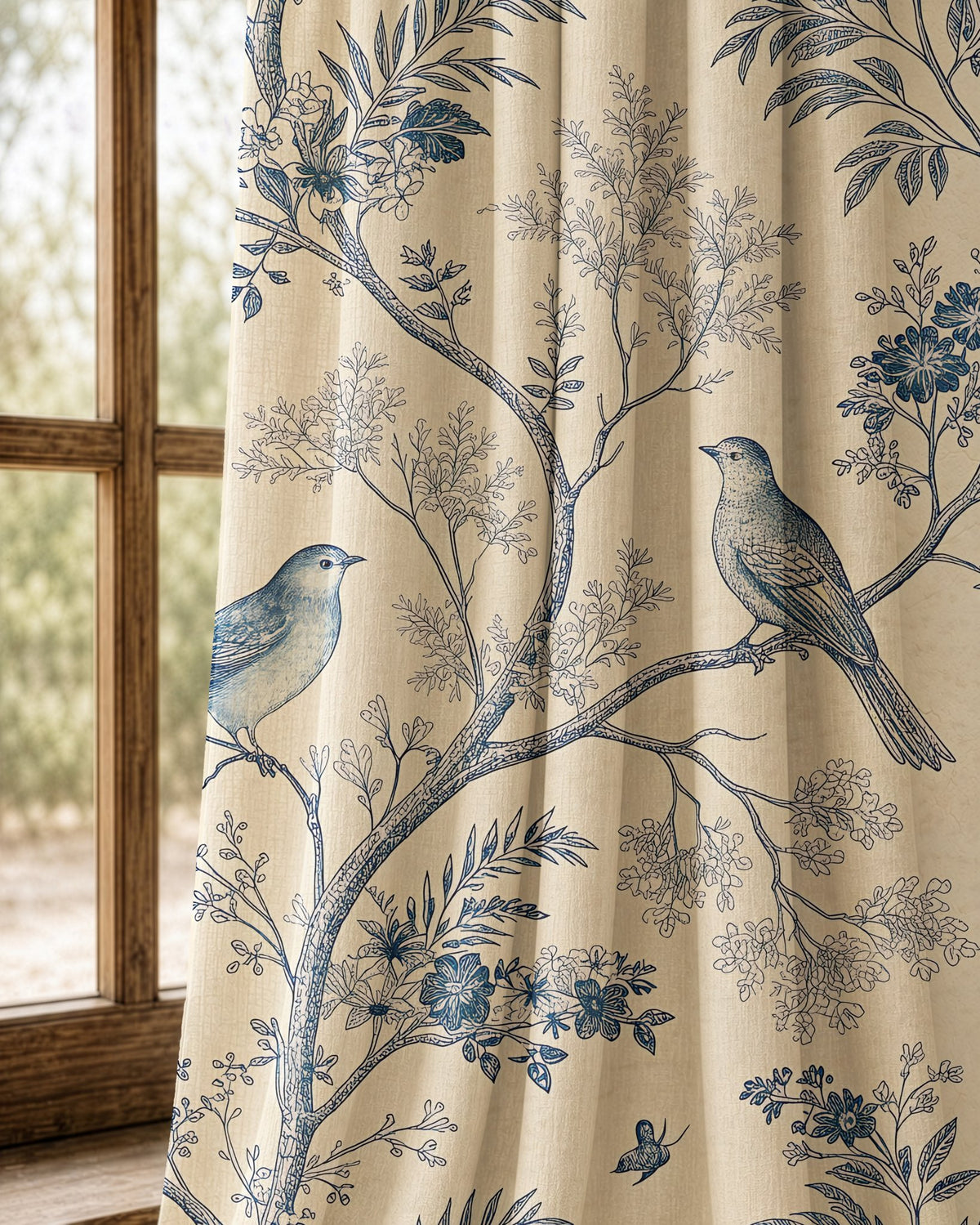 Pair of blue bird toile curtains at an arched window