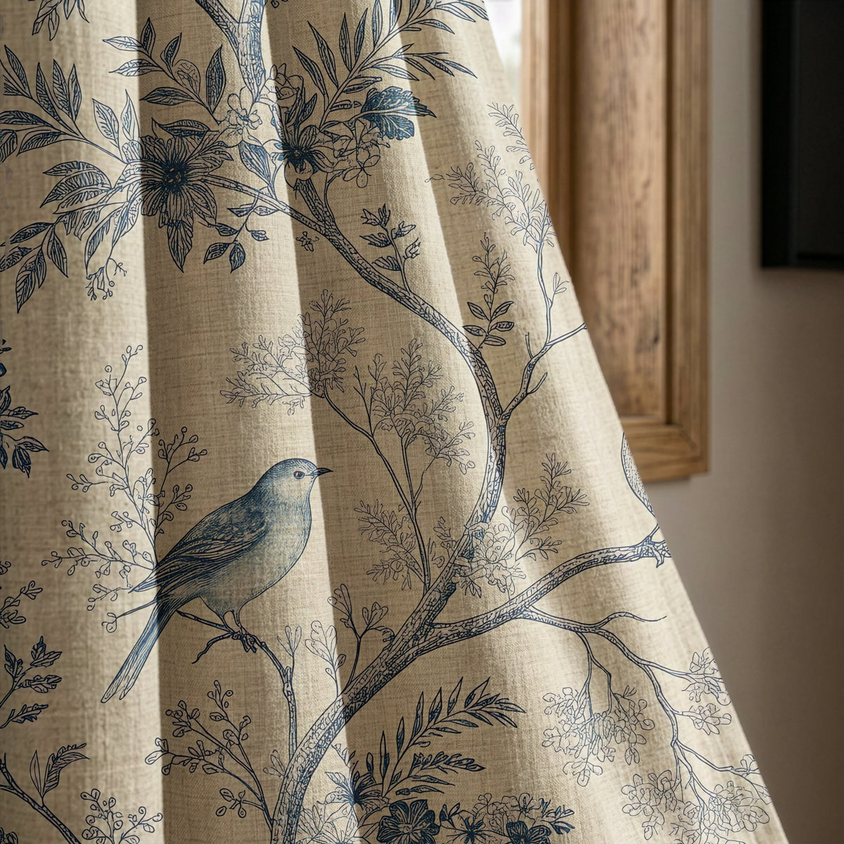 Blue bird toile curtain panel beside a rustic wooden window