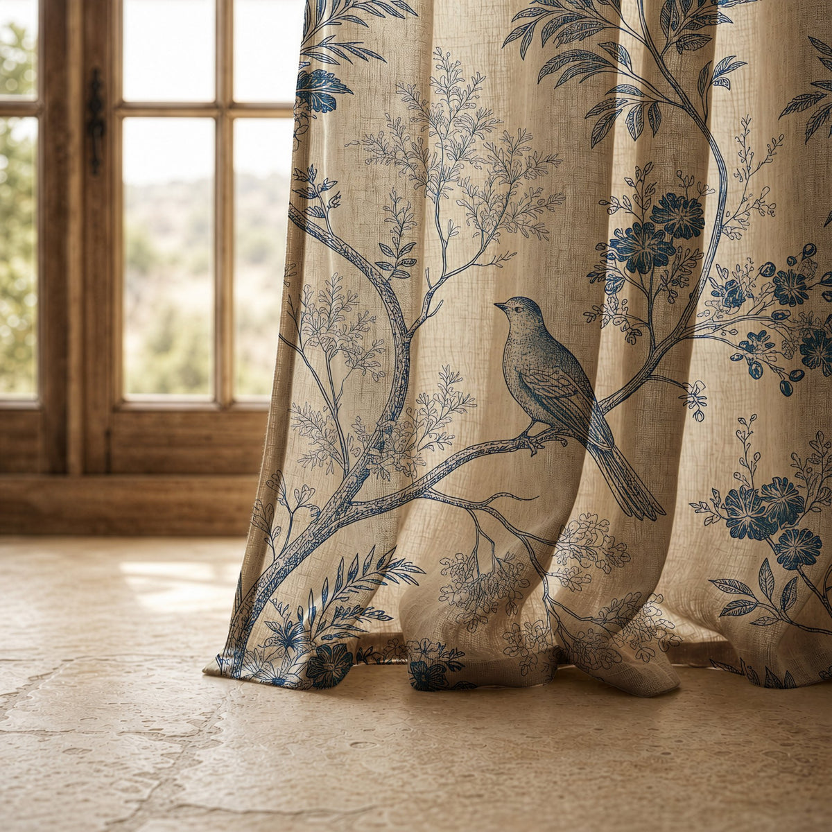 Hem of a blue bird toile curtain resting on a stone floor