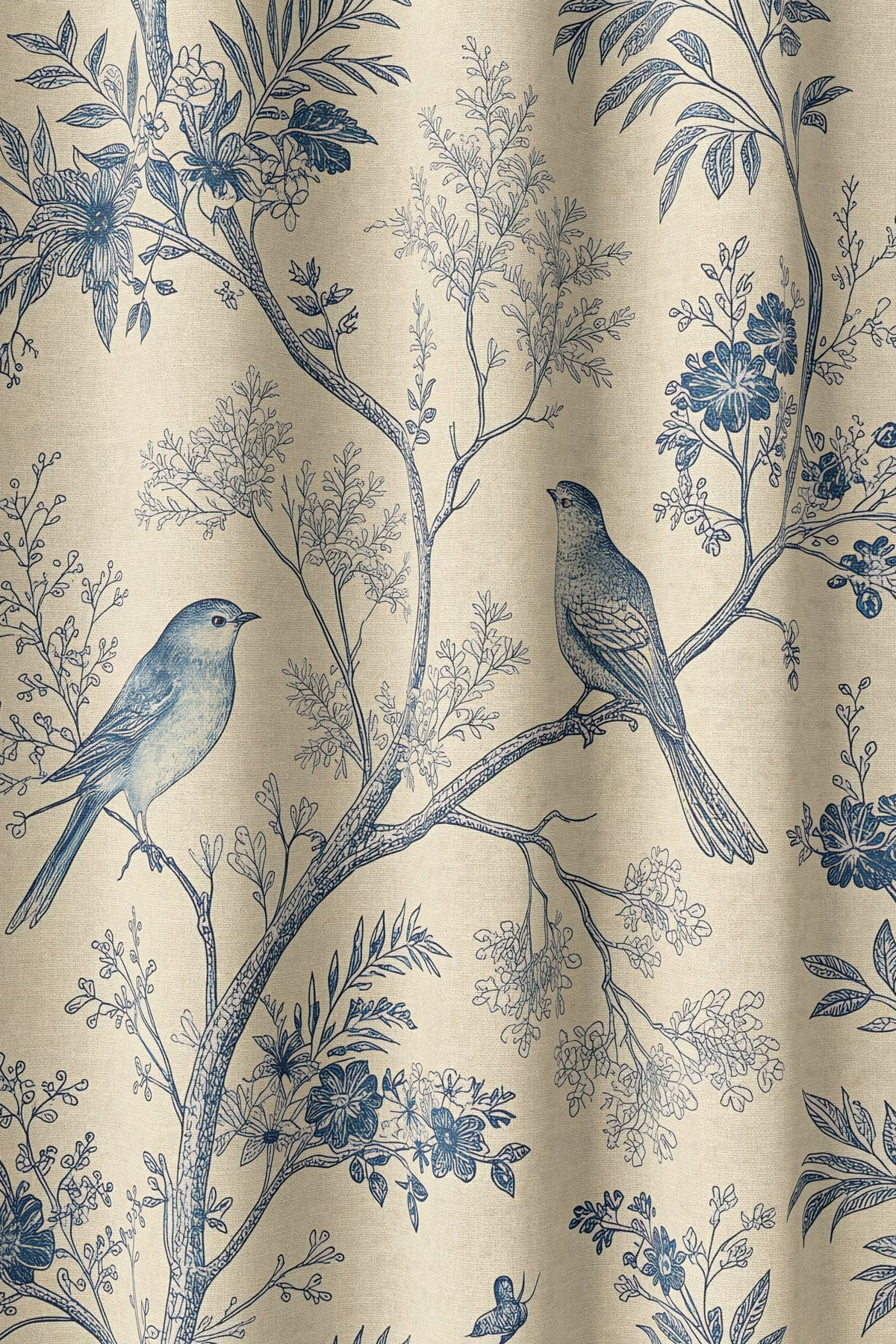 Flat view of the blue bird toile print