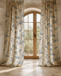 Close-up of the blue bird toile print