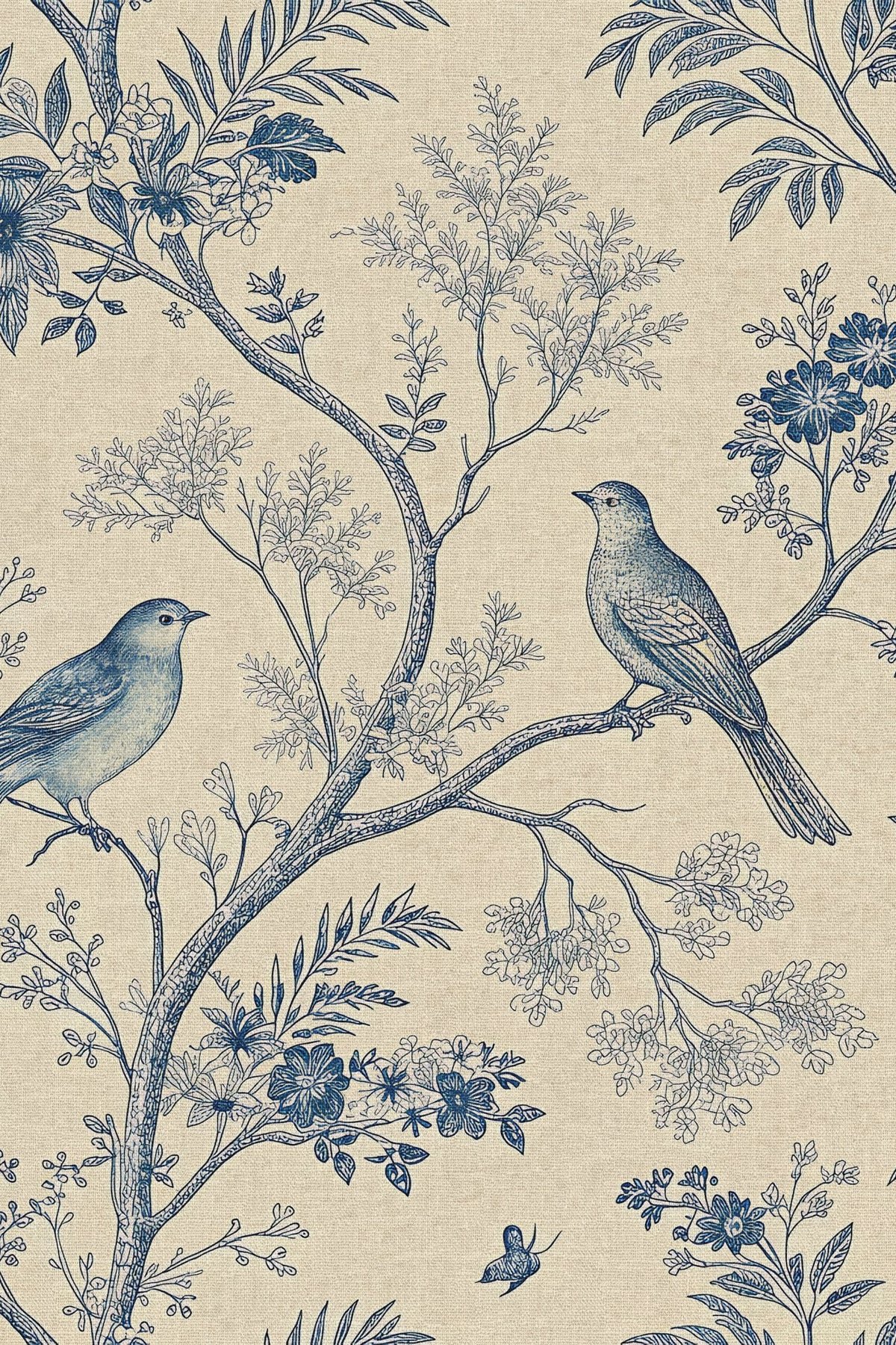 Close-up of the blue bird toile pattern repeat