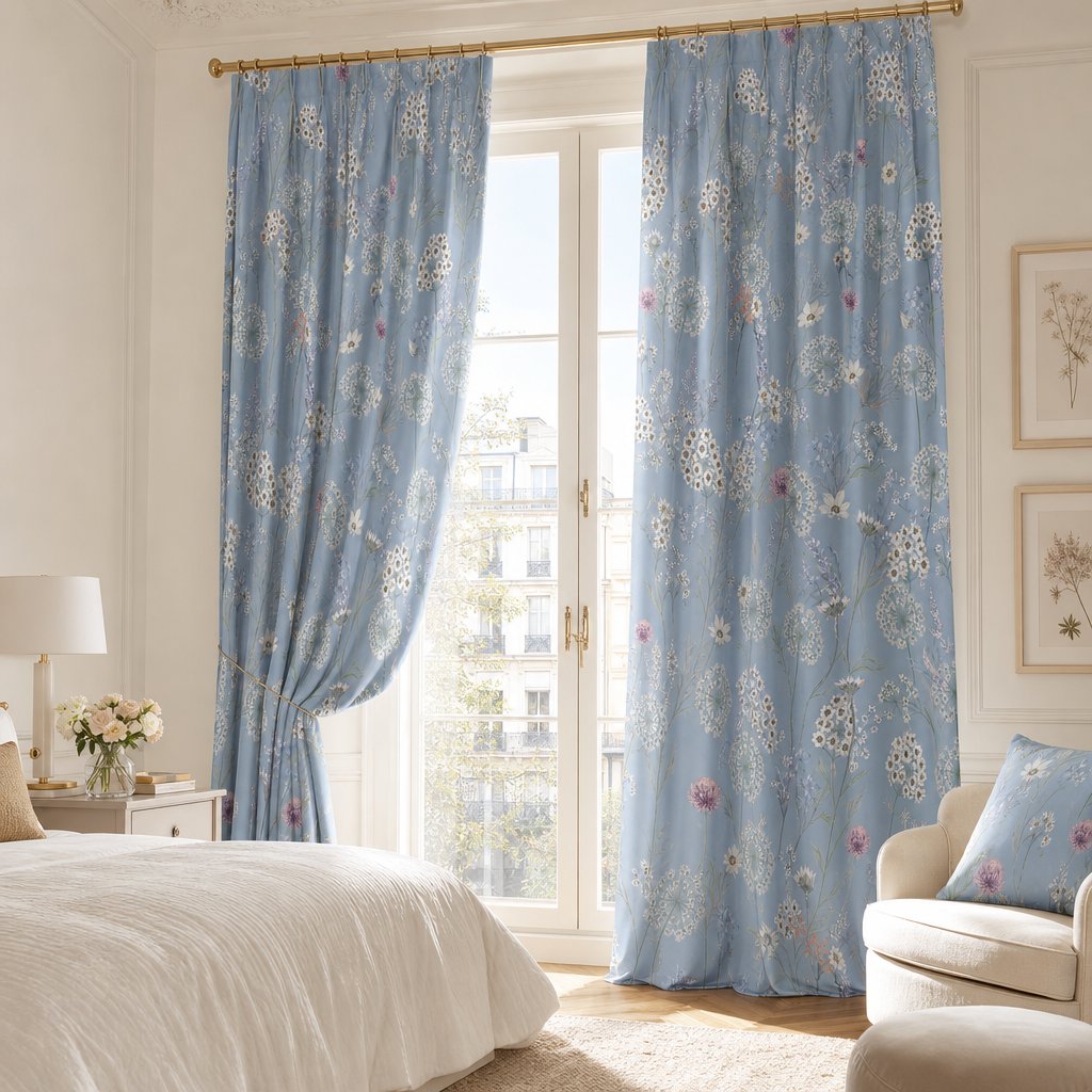Pair of blue floral dandelion curtains framing a window in a bright bedroom