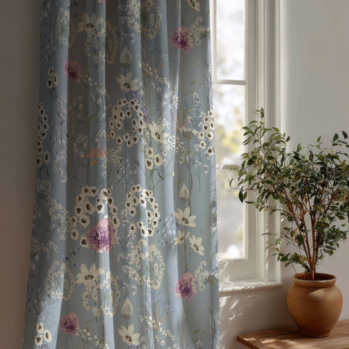 Close-up of white dandelion clocks and pink wildflowers on dusty blue curtain fabric