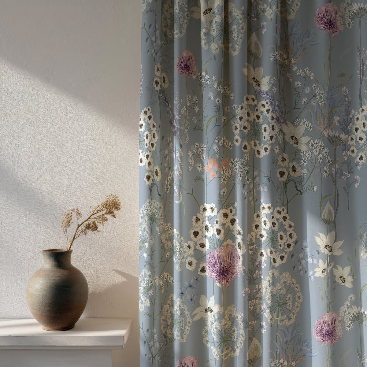 Soft daylight through a blue wildflower print curtain