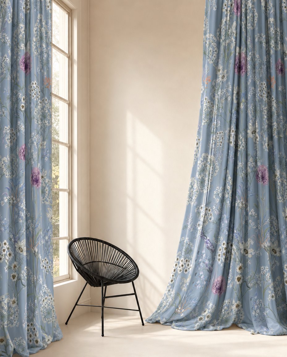 Blue floral curtains beside a black wire chair in a cream room