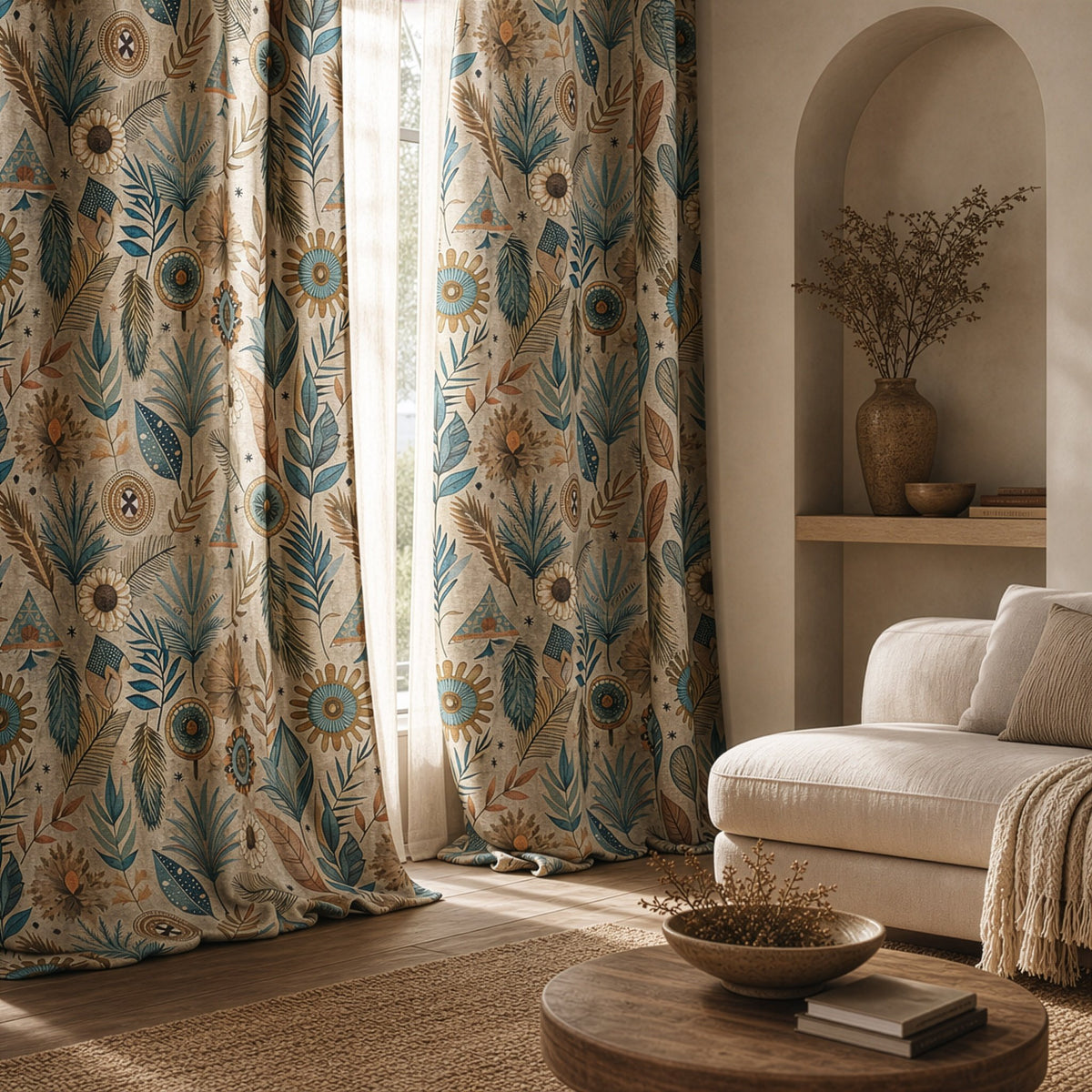 Blue folk botanical curtains in a living room