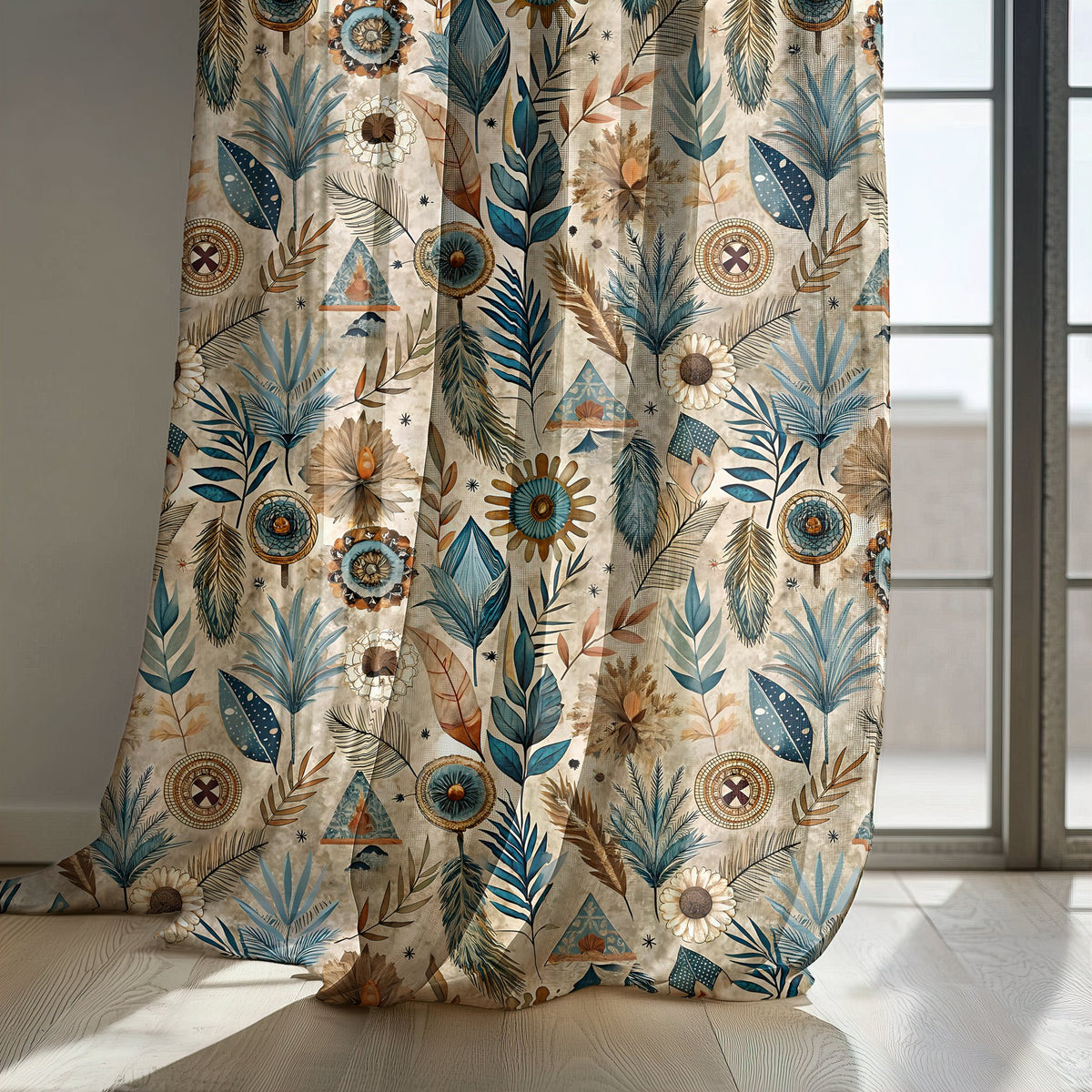 Blue folk botanical curtain panels by a sunny window