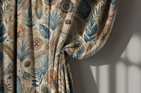 Blue folk botanical curtain gathered to one side