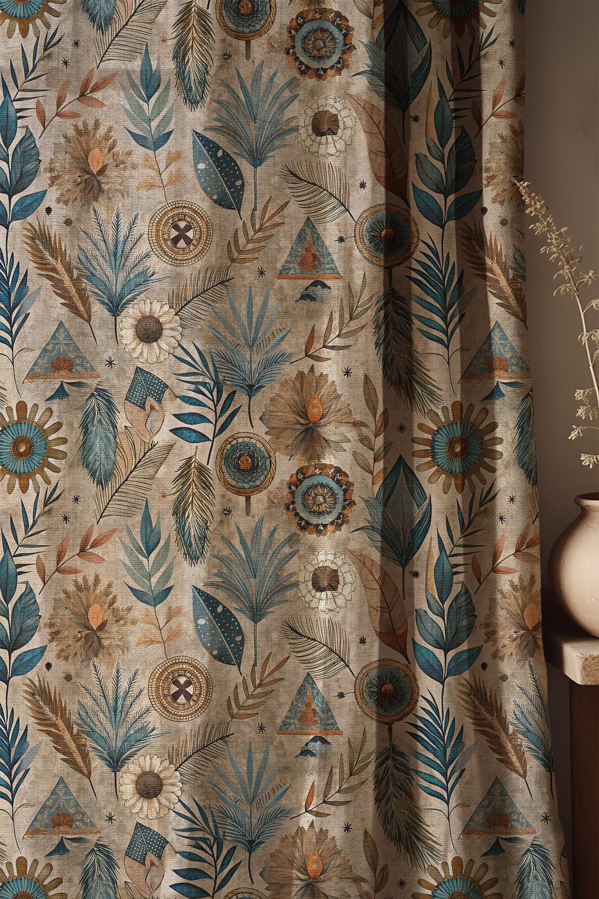 Soft folds of a blue folk botanical curtain