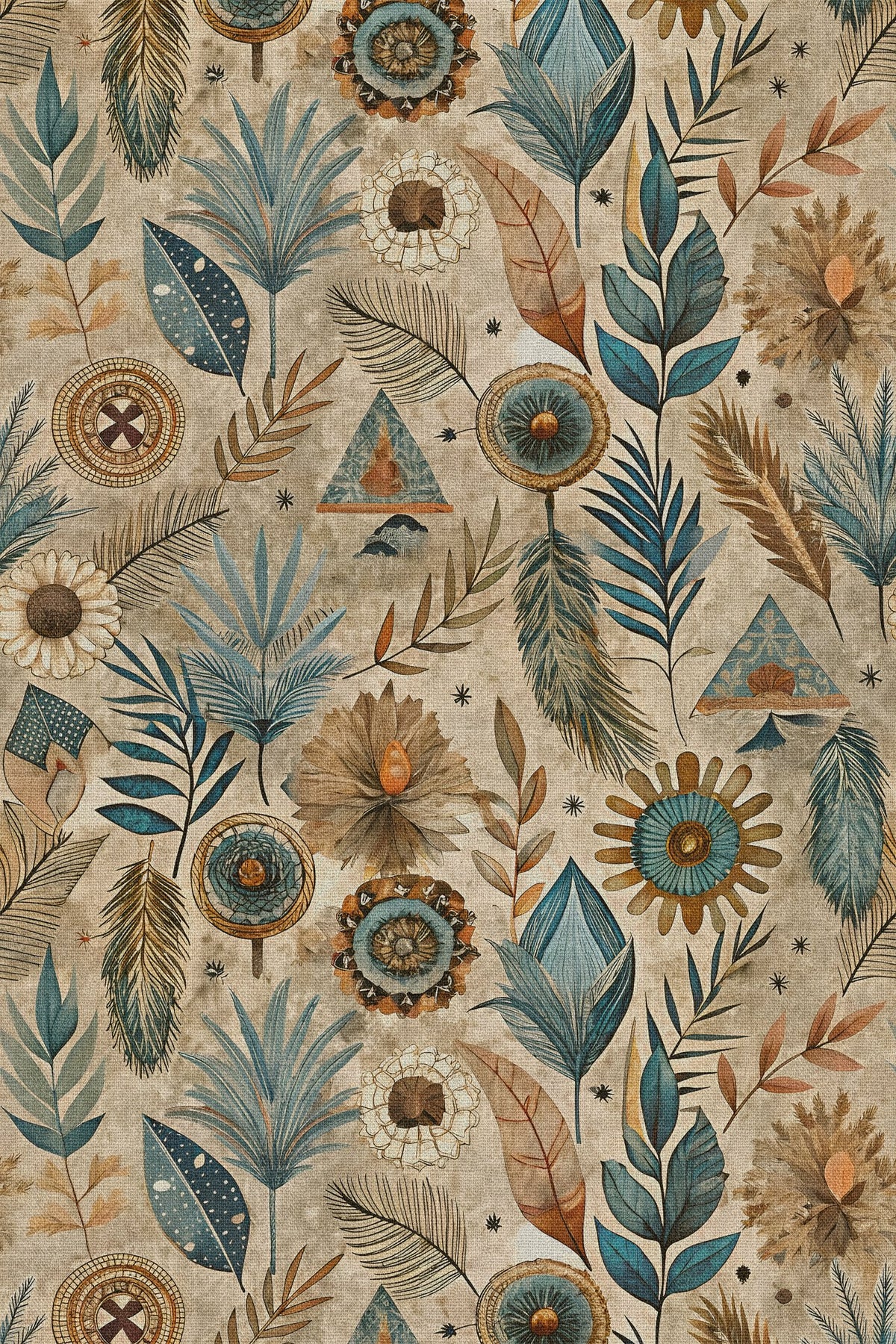 Close-up of the blue folk botanical pattern repeat